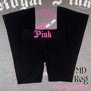 VS PINK Foldovers Flare Yoga Leggings Cotton Pure Black Halloween Rhinestone